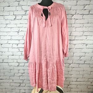Greek Archaic Kori Linen Popover Smock Dress
Tie Neck Tiered Pink Size Large